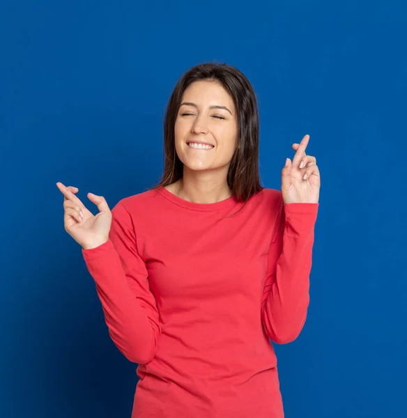 Menina Morena Atraente Estúdio Fundo Azul — Fotografia de Stock