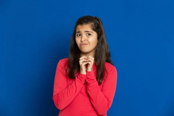 Adorable Preteen Girl Red Shirt Blue Background — Stock Photo, Image