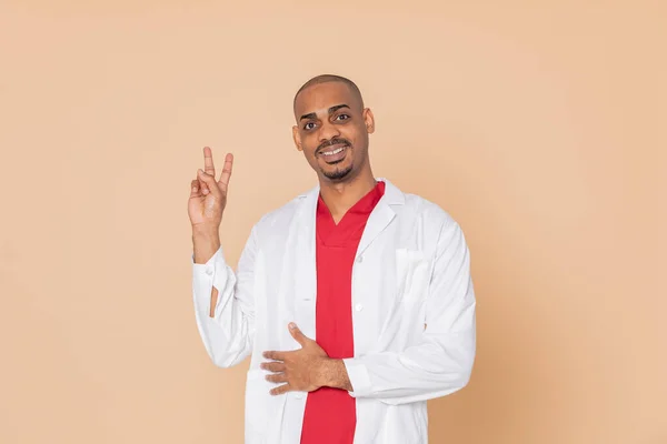 African Doctor Wearing Lab Coat Yellow Background — Stock Photo, Image