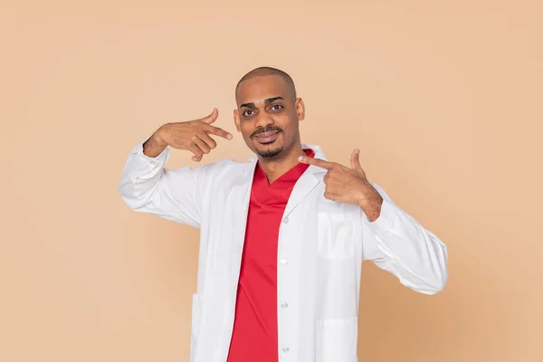 African Doctor Wearing Lab Coat Yellow Background — Stock Photo, Image