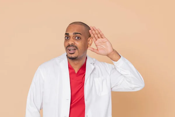 African Doctor Wearing Lab Coat Yellow Background — Stock Photo, Image