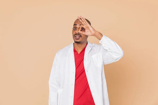 African Doctor Wearing Lab Coat Yellow Background — Stock Photo, Image