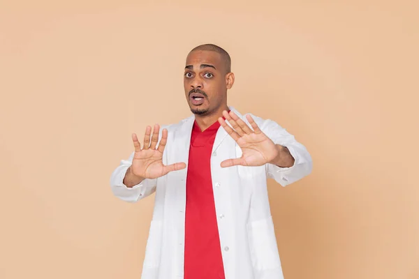 African Doctor Wearing Lab Coat Yellow Background — Stock Photo, Image