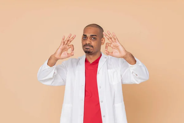 African Doctor Wearing Lab Coat Yellow Background — Stock Photo, Image