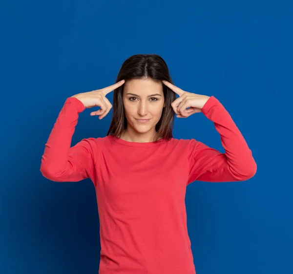 Brunette Young Woman Wearing Red Shirt Blue Background — Stock Photo, Image