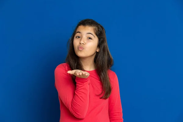 Adorable Preteen Girl Red Shirt Blue Background — Stock Photo, Image