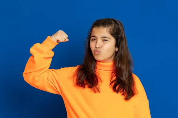 Adorable Preteen Girl Yellow Jersey Blue Background — Stock Photo, Image