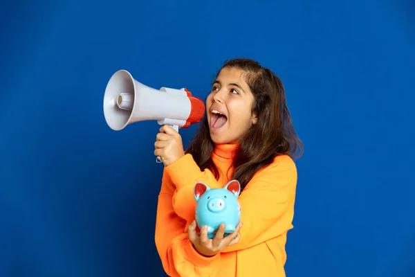 Adorable Preteen Girl Yellow Jersey Blue Background — Stock Photo, Image