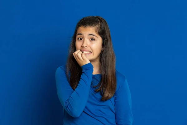 Adorable Preteen Girl Blue Background — Stock Photo, Image