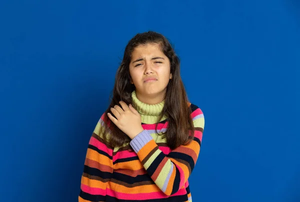 Adorable Preteen Girl Striped Jersey Blue Background — Stock Photo, Image