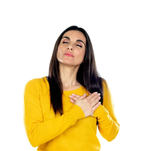 Attractive Brunette Woman Isolated White Background — Stock Photo, Image