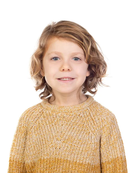 Gelukkig Blond Kind Met Lang Haar Geïsoleerd Een Witte Achtergrond — Stockfoto