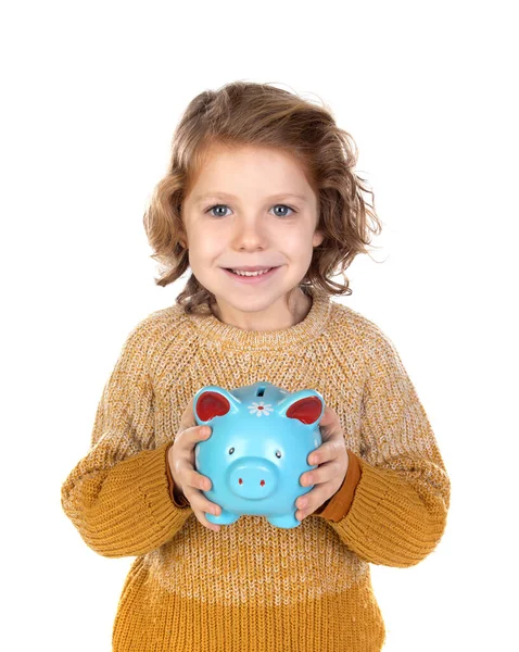 Criança Sorridente Pensativa Segurando Uma Caixa Dinheiro Isolada Fundo Branco — Fotografia de Stock