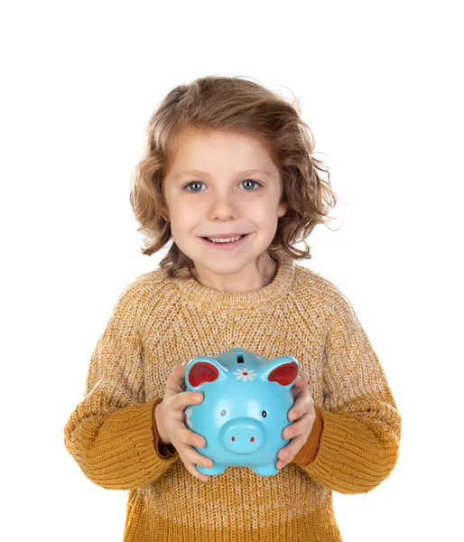 Pensive Smiling Child Holding Moneybox Isolated White Background — Stock Photo, Image
