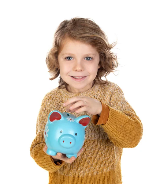 忧心忡忡的微笑着的孩子 手里拿着一个被白色背景隔离的钱箱 — 图库照片
