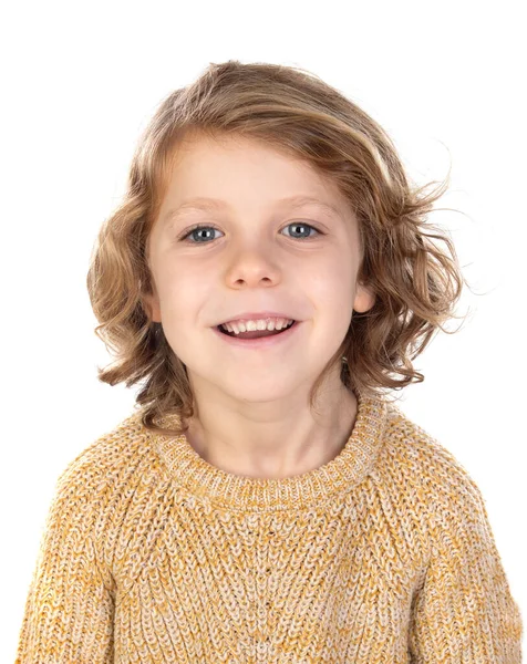 Niño Rubio Feliz Con Pelo Largo Aislado Sobre Fondo Blanco —  Fotos de Stock