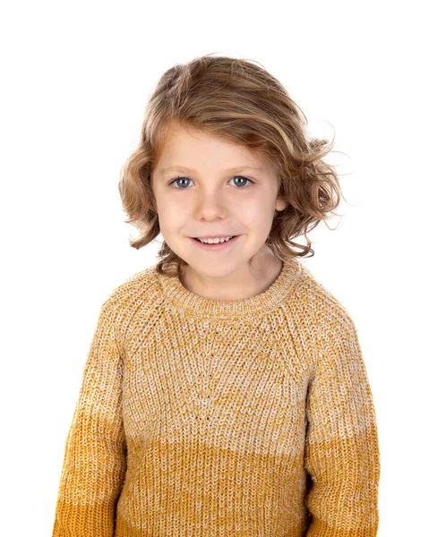 Heureux Enfant Blond Aux Cheveux Longs Isolé Sur Fond Blanc — Photo