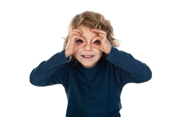 Grappige Jongen Met Lang Haar Kijken Uit Geïsoleerd Een Witte — Stockfoto