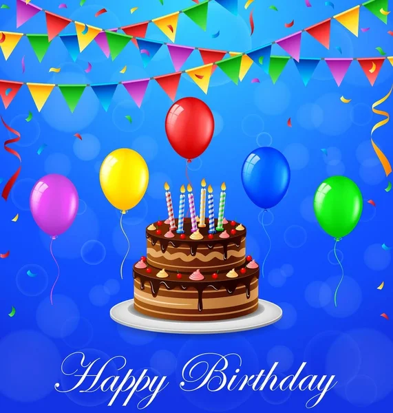 Happy Birthday Achtergrond Met Taart Ballonnen — Stockvector