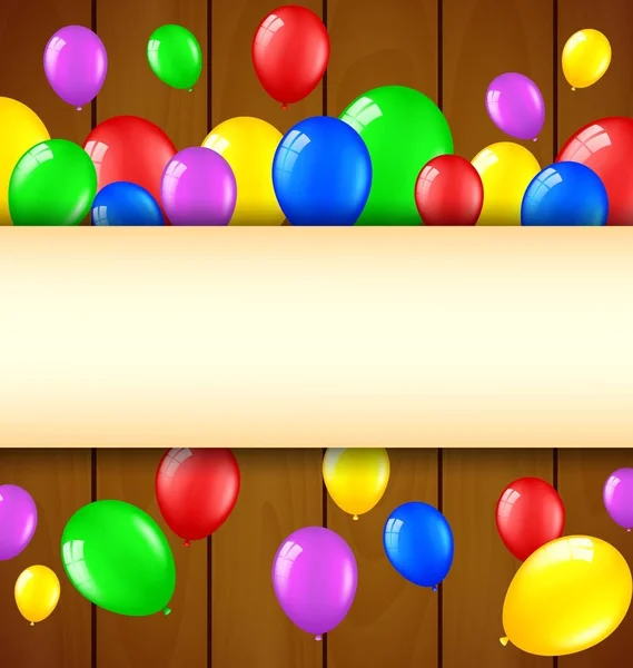 带气球的生日背景和在木质背景下的文本位置 — 图库矢量图片