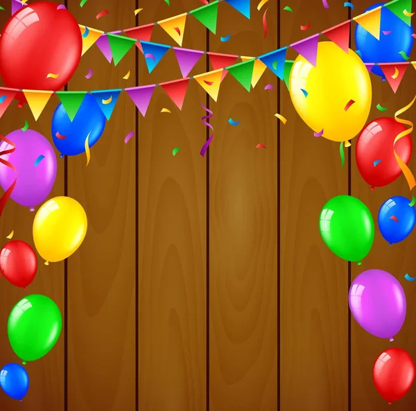 Birthday Background Flying Balloons Wooden Background — Stock Vector