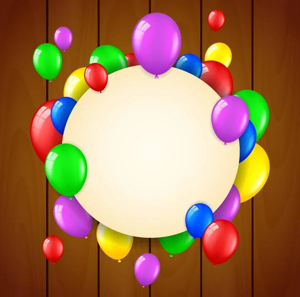 Birthday Pozadí Létající Balóny Místo Pro Text Dřevěné Pozadí — Stockový vektor