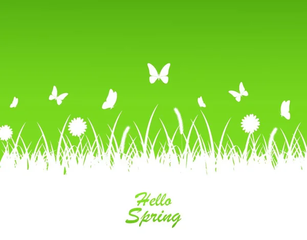 Frühling Hintergrund Mit Blume Schmetterlinge Und Gras Silhouette — Stockvektor