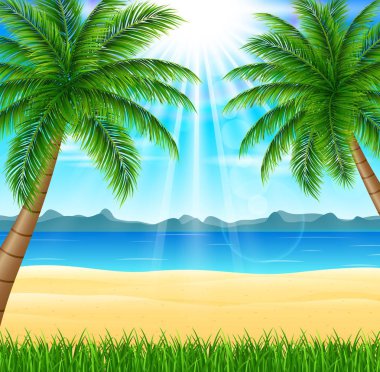 Parlak güneş ve palmiye ağaçları ile tropikal plaj