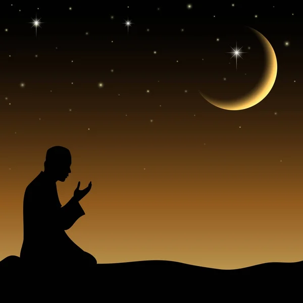 一个穆斯林祈祷在夜间的剪影 — 图库矢量图片