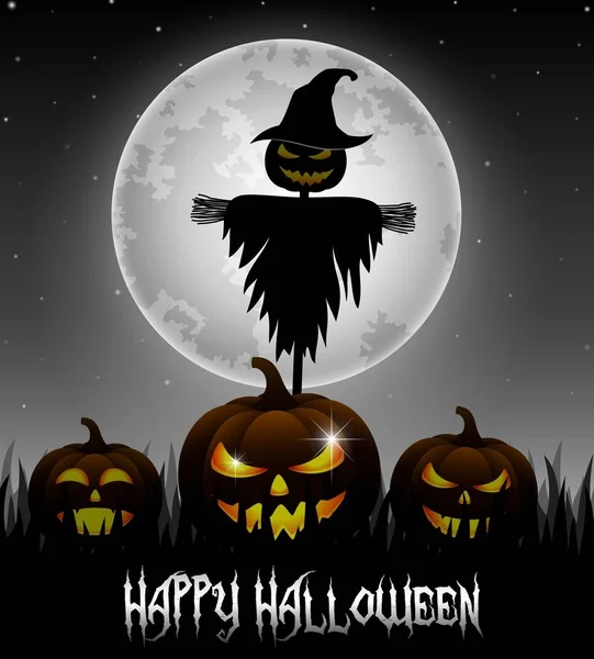 Halloween night background with pumpkins and scarecrow — Stock Vector