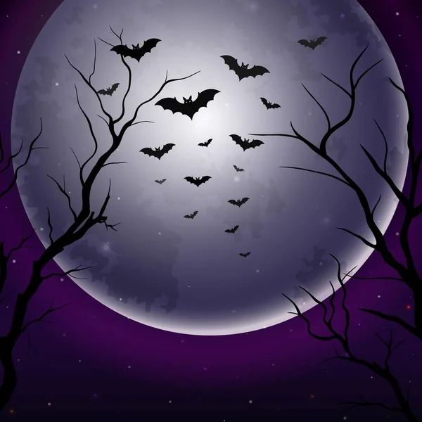 Halloween night sky background with tree silhouettes and moon — Stock Vector