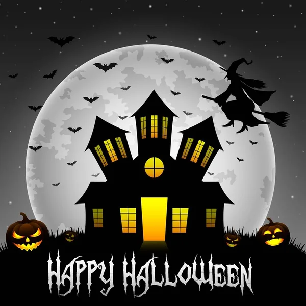 Halloween background with scary house and flying witch on the full moon — Stock Vector