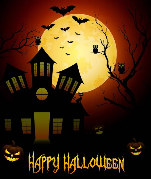 Halloween night background with scary house and pumpkins on the full moon — Stock Vector