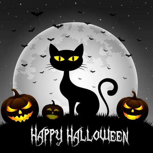 Halloween background with cat and pumpkins on the full moon — Stock Vector