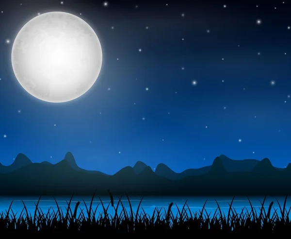 Paysage Ciel Nocturne Avec Montagnes Rivière Sur Pleine Lune — Image vectorielle