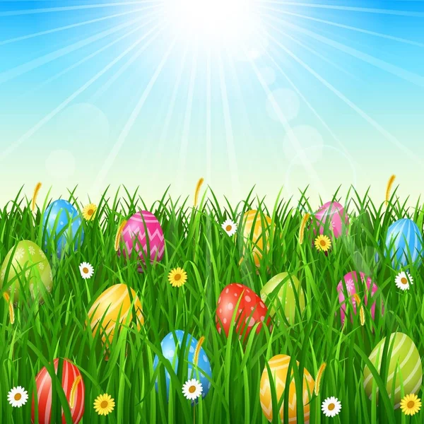 Easter Background Easter Eggs Grass Sunny Sky Background — Stock Vector