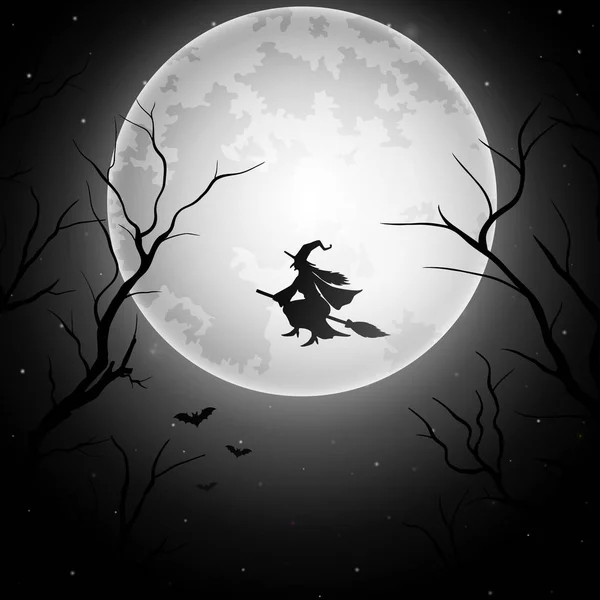 Halloween background with flying witch on the full moon — Stock Vector