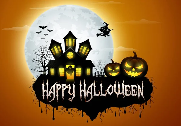 Halloween background with pumpkin, haunted house and full moon — Stock Vector