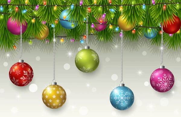 Weihnachten Hintergrund mit Tannenzweigen, Farbkugeln und Glühbirnen — Stockvektor