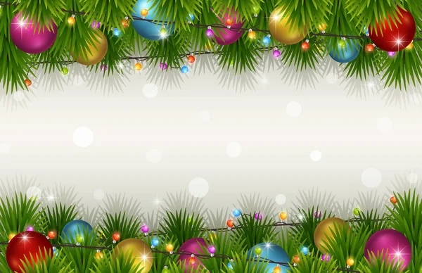 Weihnachten Hintergrund mit Tannenzweigen, Farbkugeln und Glühbirnen — Stockvektor
