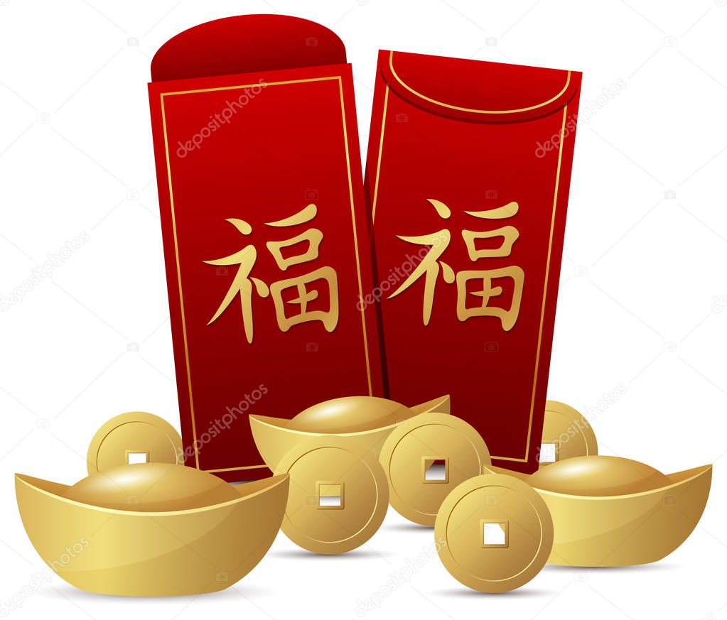Chinese new year with red envelope and gold money