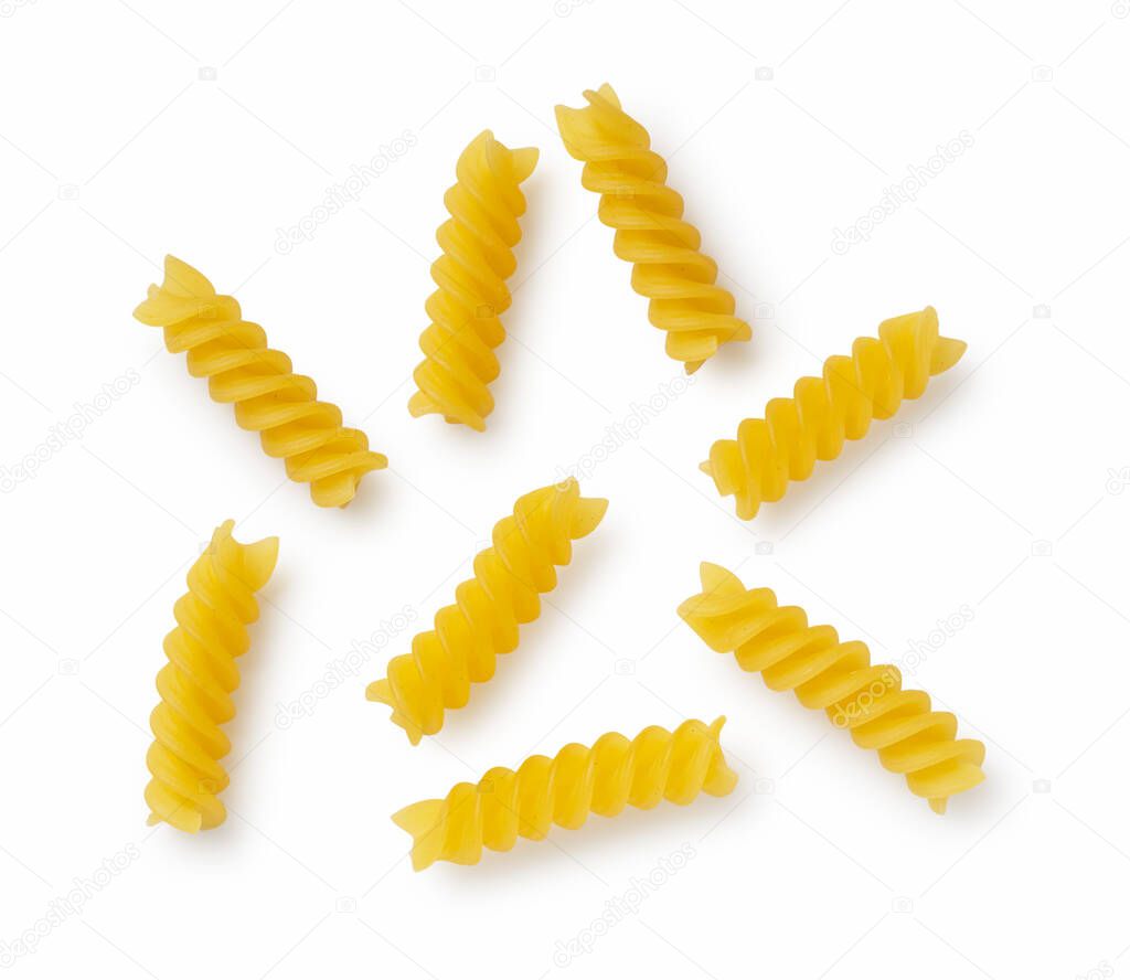 Fusilli placed on a white background