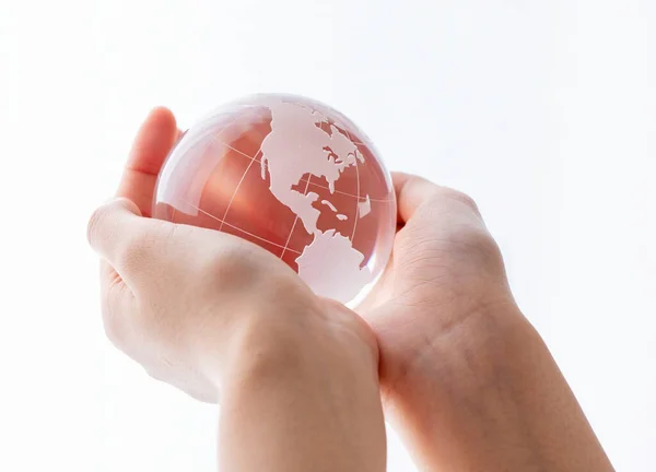 Female Hand Glass Globe Peace Ecology — Stock Photo, Image