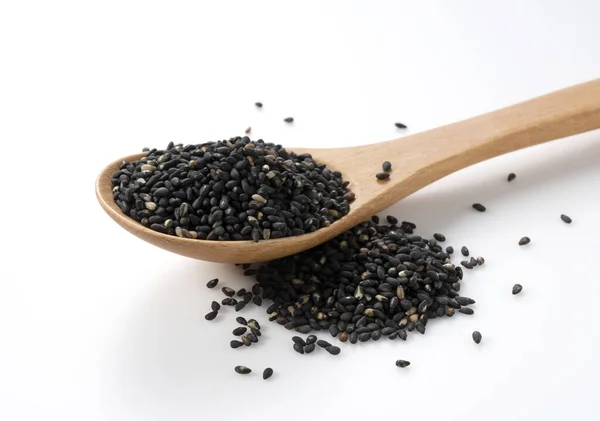 Black Sesame Seeds Wooden Spoon Placed White Background — Stock Photo, Image