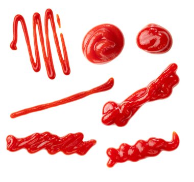 Shooting various shapes of ketchup on white background from above clipart