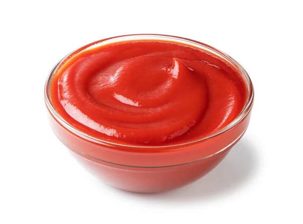 Tiro Ángulo Ketchup Tazón Vidrio Sobre Fondo Blanco — Foto de Stock