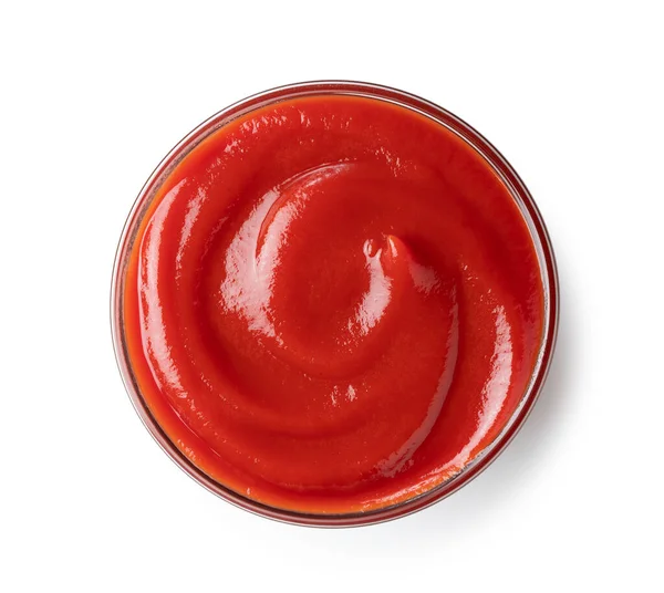 Skott Uppifrån Ketchup Glasskål Vit Bakgrund — Stockfoto