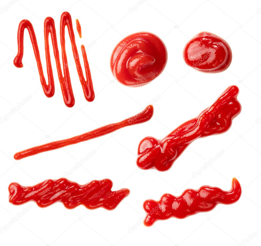 Shooting various shapes of ketchup on white background from above