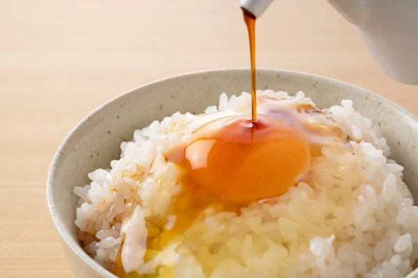 Soy Sauce Rice Egg Set Wooden Backdrop — Stock Photo, Image