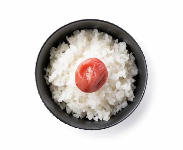 Bird Eye View Japanese Pickled Plums Freshly Cooked Rice White — Stock Photo, Image